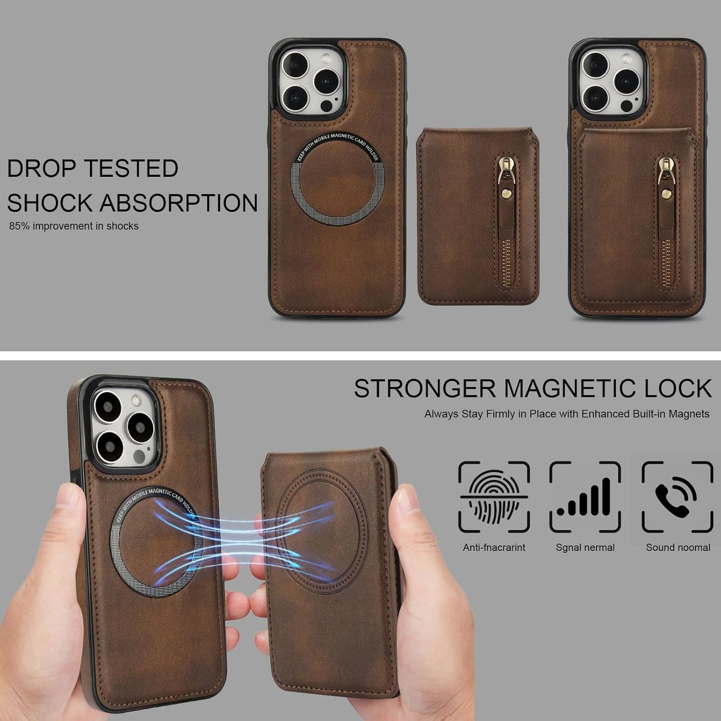 Magnetic card holder phone case suitable for iPhone 15 Pro max, zipper magnetic split magnetic wallet with adjustable bracket Brown