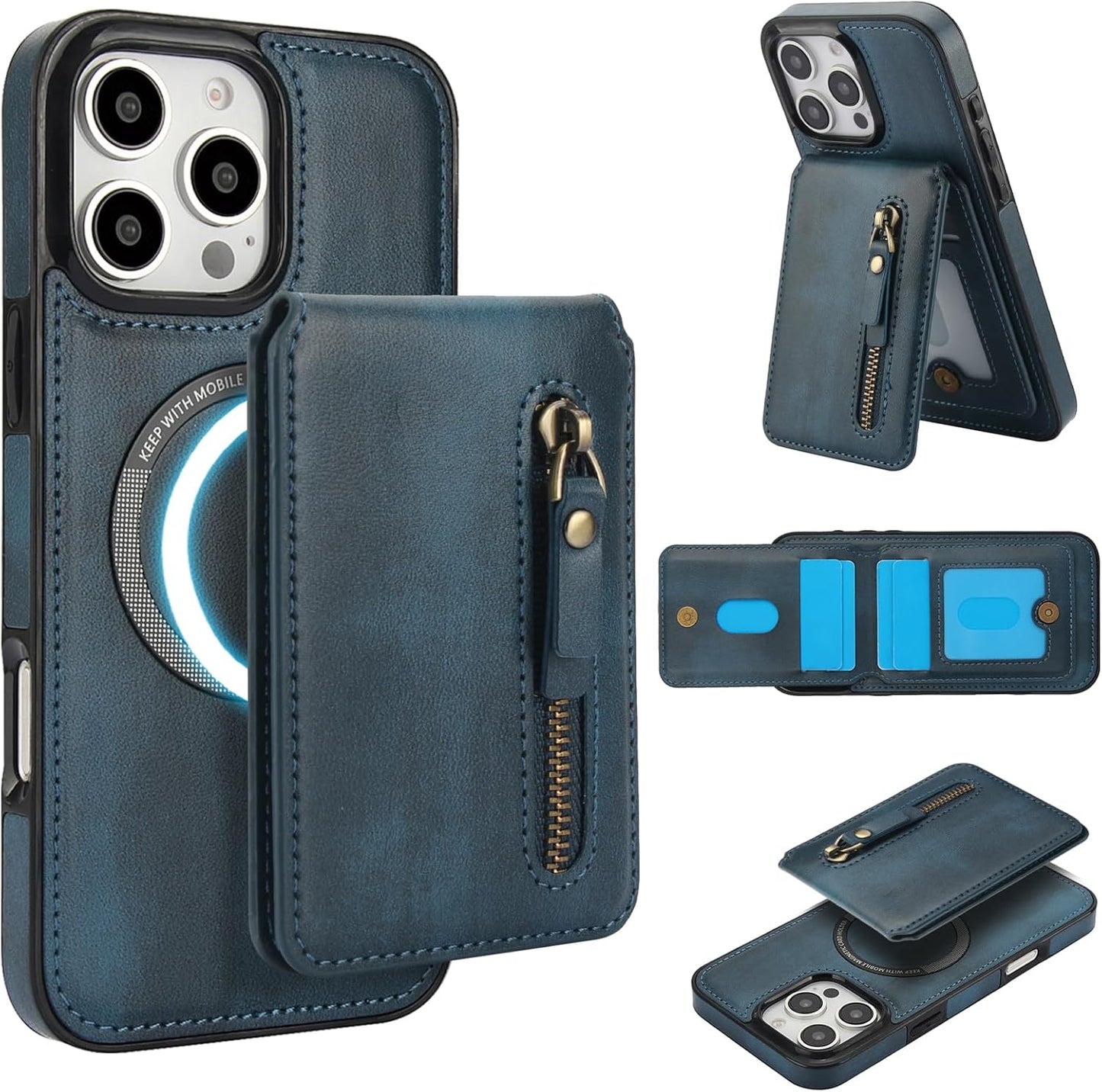 Magnetic card holder phone case suitable for iPhone 16 Pro, zipper magnetic split magnetic wallet with adjustable bracket Brown