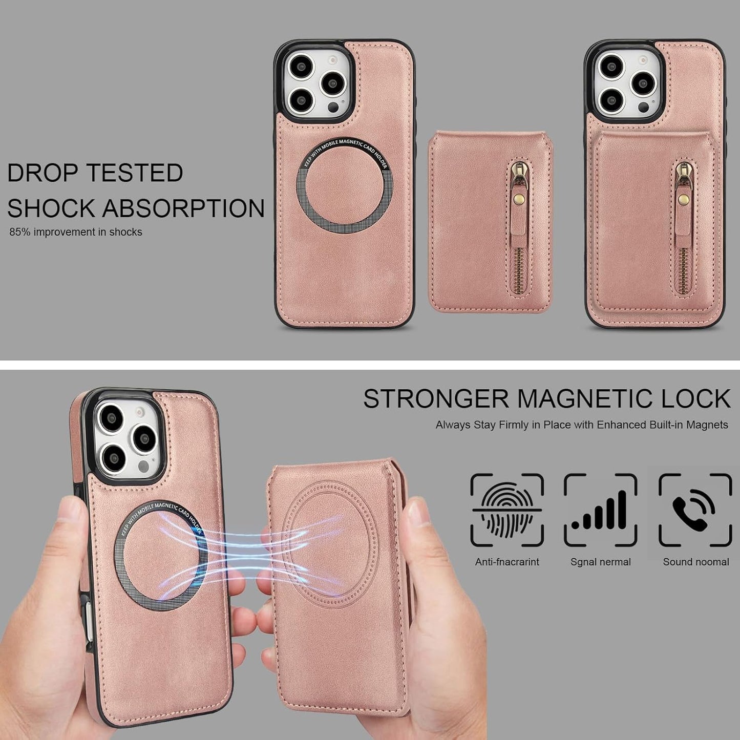 Magnetic card holder phone case suitable for iPhone 16 Pro, zipper magnetic split magnetic wallet with adjustable bracket Brown