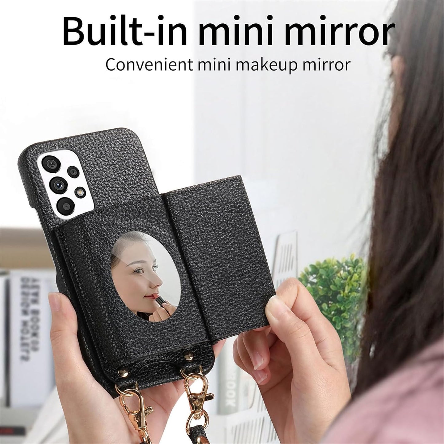 iTape Card Holder Wallet Phone Case for Samsung Galaxy A53 5G, Shockproof Ultra-thin Phone Case, Makeup Mirror with Crossbody Strap Gray