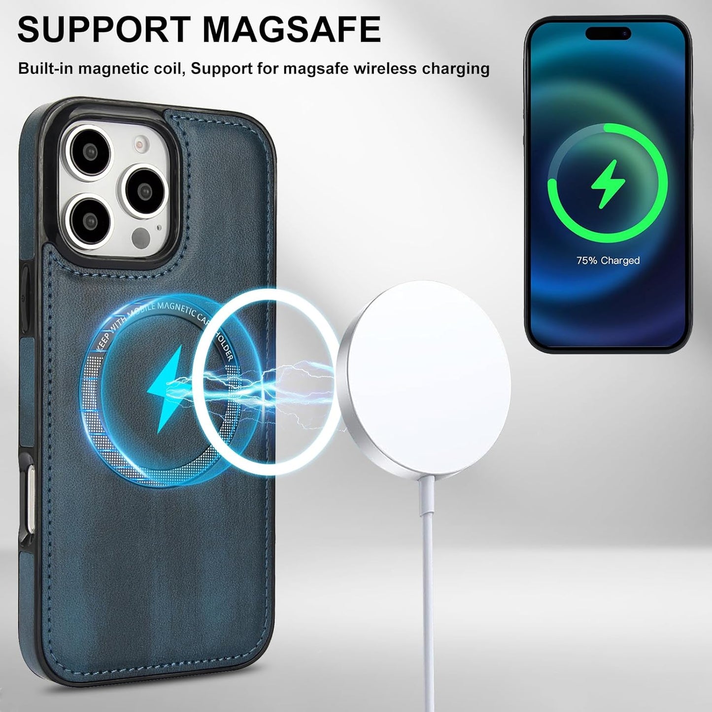 Magnetic card holder phone case suitable for iPhone 16 Pro, zipper magnetic split magnetic wallet with adjustable bracket Brown
