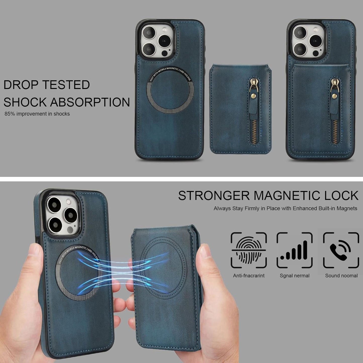 Magnetic card holder phone case suitable for iPhone 15 Pro max, zipper magnetic split magnetic wallet with adjustable bracket Brown