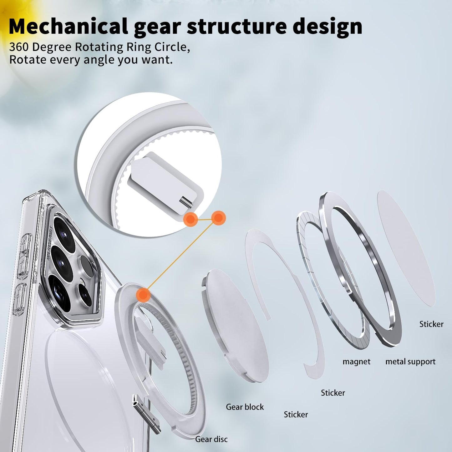 iTape Magnetic phone case for Samsung Galaxy S25 Ultra, mechanical gear 360° rotating bracket supports wireless charging, shockproof ultra-thin shell Gray