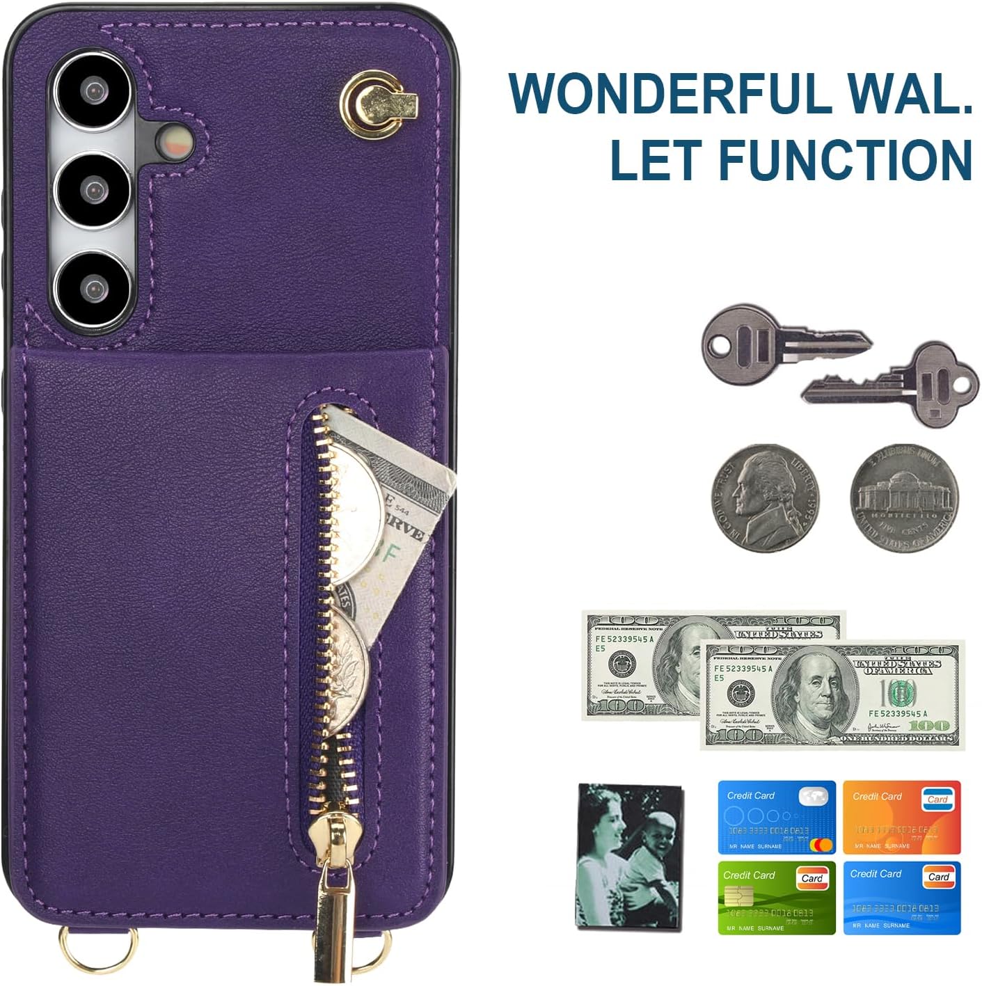 iTape Samsung Galaxy S24 plus Case Wallet, Zipper Coin Pouch, Credit Card Slot Holder, Wrist Strap, Samsung Galaxy S24 plus Case Adjustable Crossbody Lanyard [RFID Blocked] Purple