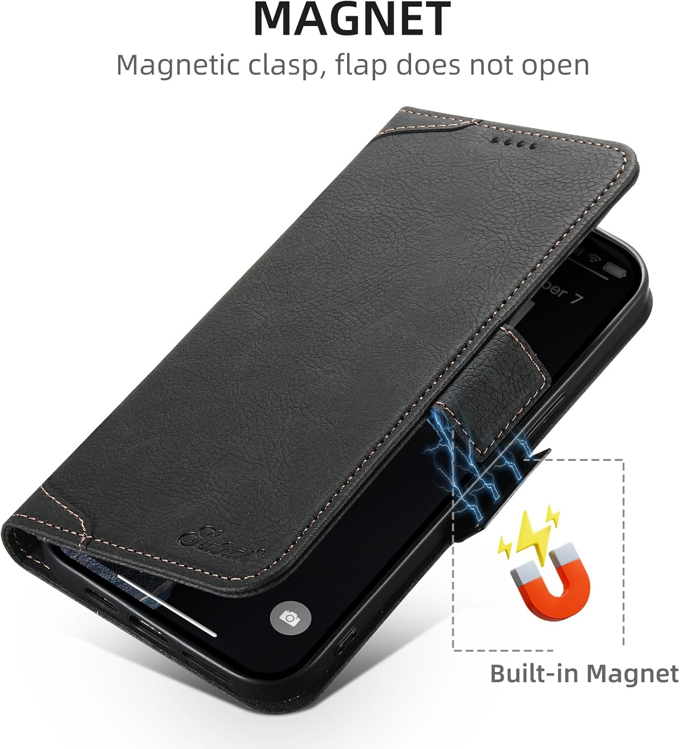 Wallet Case for iPhone 13 Pro Magsafe Charger Compatible, Magnetic Buckle Leather Case, Card Slot Stand Shock Cover Black