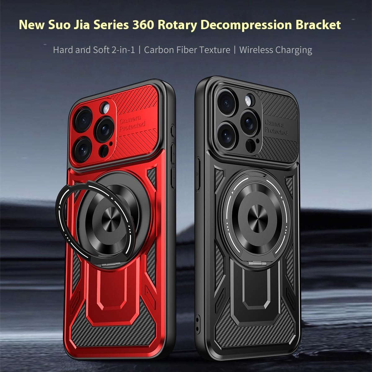 Hard Plated PC Armor Cover for iPhone 15 Pro max with 360° Rotating Metal Ring Strong Magnetic Car Mount Phone Case Support wireless charging Gray