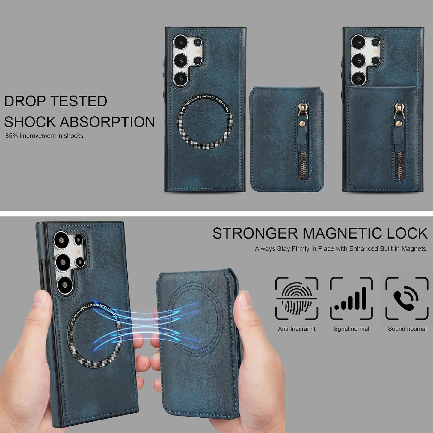 iTape Magnetic Card Holder Phone case Suitable for Samsung Galaxy S24 Ultra, Zipper Magnetic Split Magnetic Wallet with Adjustable Bracket