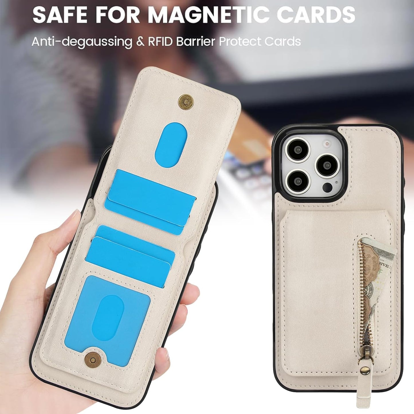 Magnetic card holder phone case suitable for iPhone 16 Pro, zipper magnetic split magnetic wallet with adjustable bracket Brown