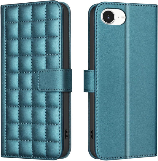 Plaid Wallet Phone Case for iPhone 16E, Wallet Phone Case, Flip Stand, Credit Card Slot Wallet With wrist strap Green