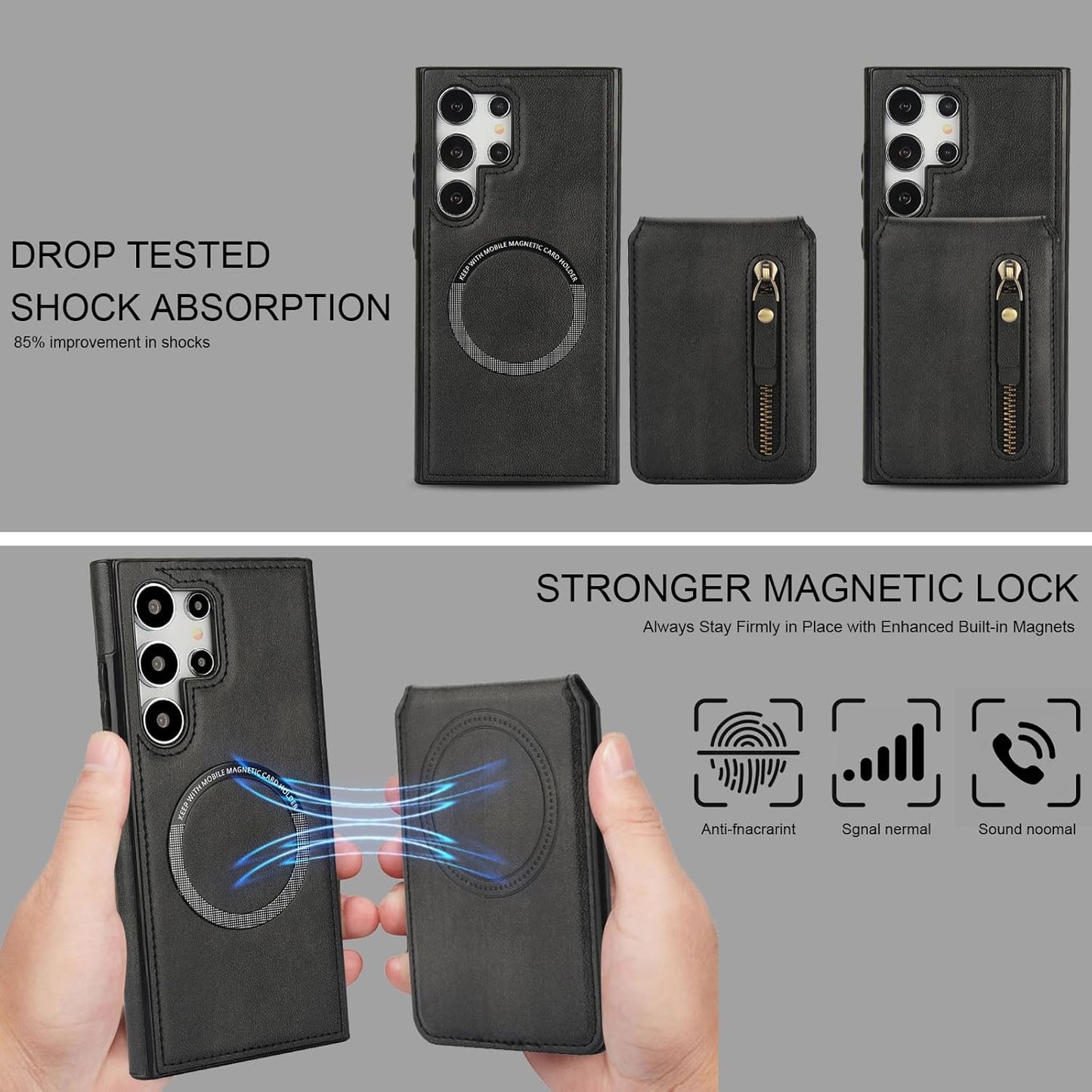 iTape Magnetic Card Holder Phone case Suitable for Samsung Galaxy S24 Ultra, Zipper Magnetic Split Magnetic Wallet with Adjustable Bracket