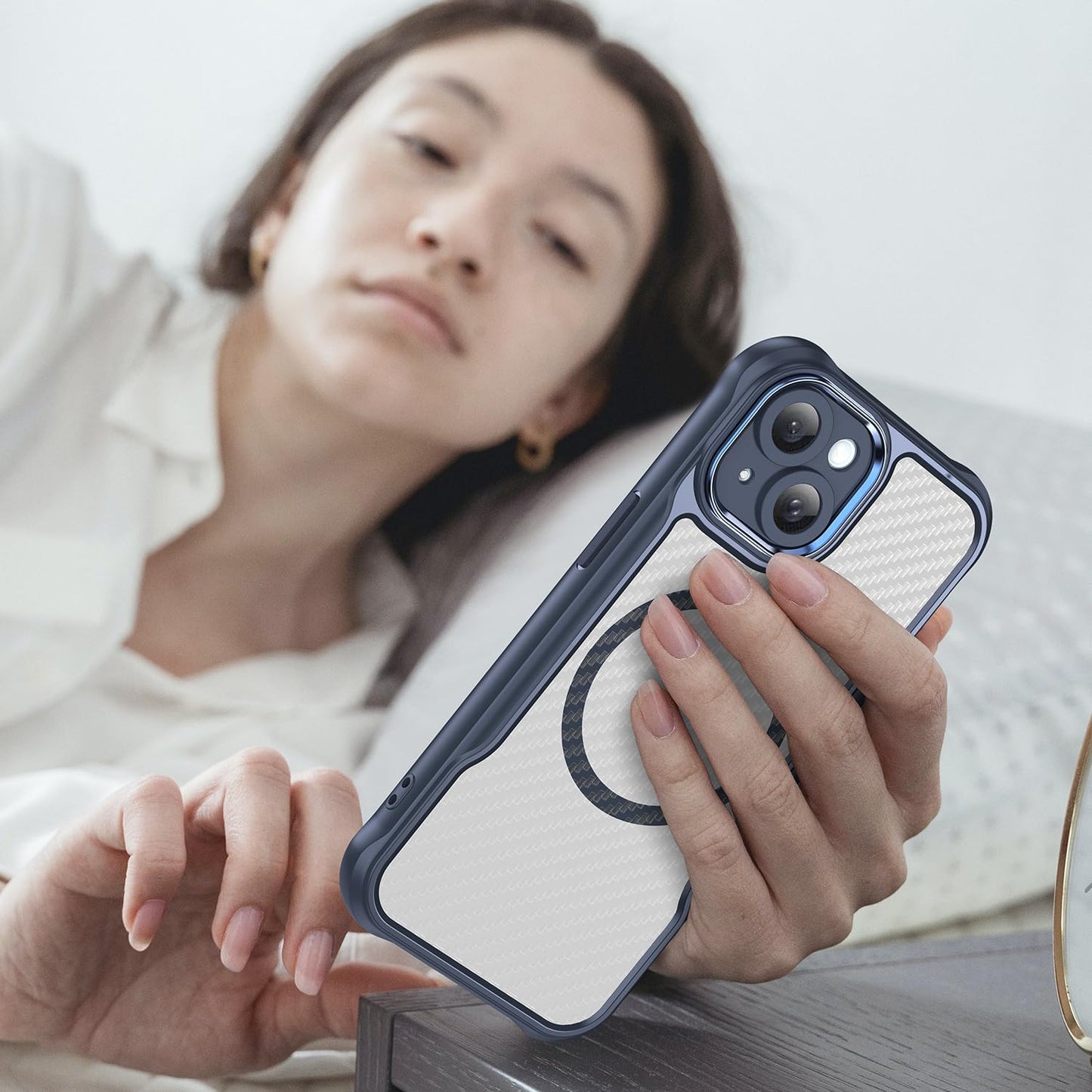 Magnetic carbon fibre case for iPhone 15, support wireless charging, carbon fibre shockproof slim case Blue