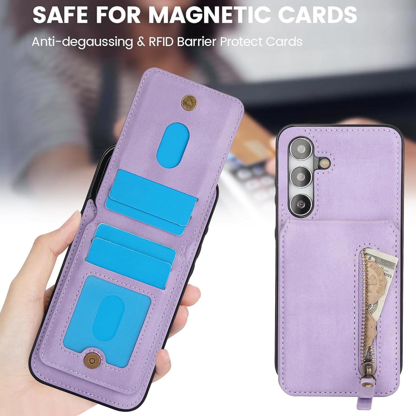 iTape Magnetic card holder phone case suitable for Samsung Galaxy S24+, zipper magnetic split magnetic wallet with adjustable bracket Blue