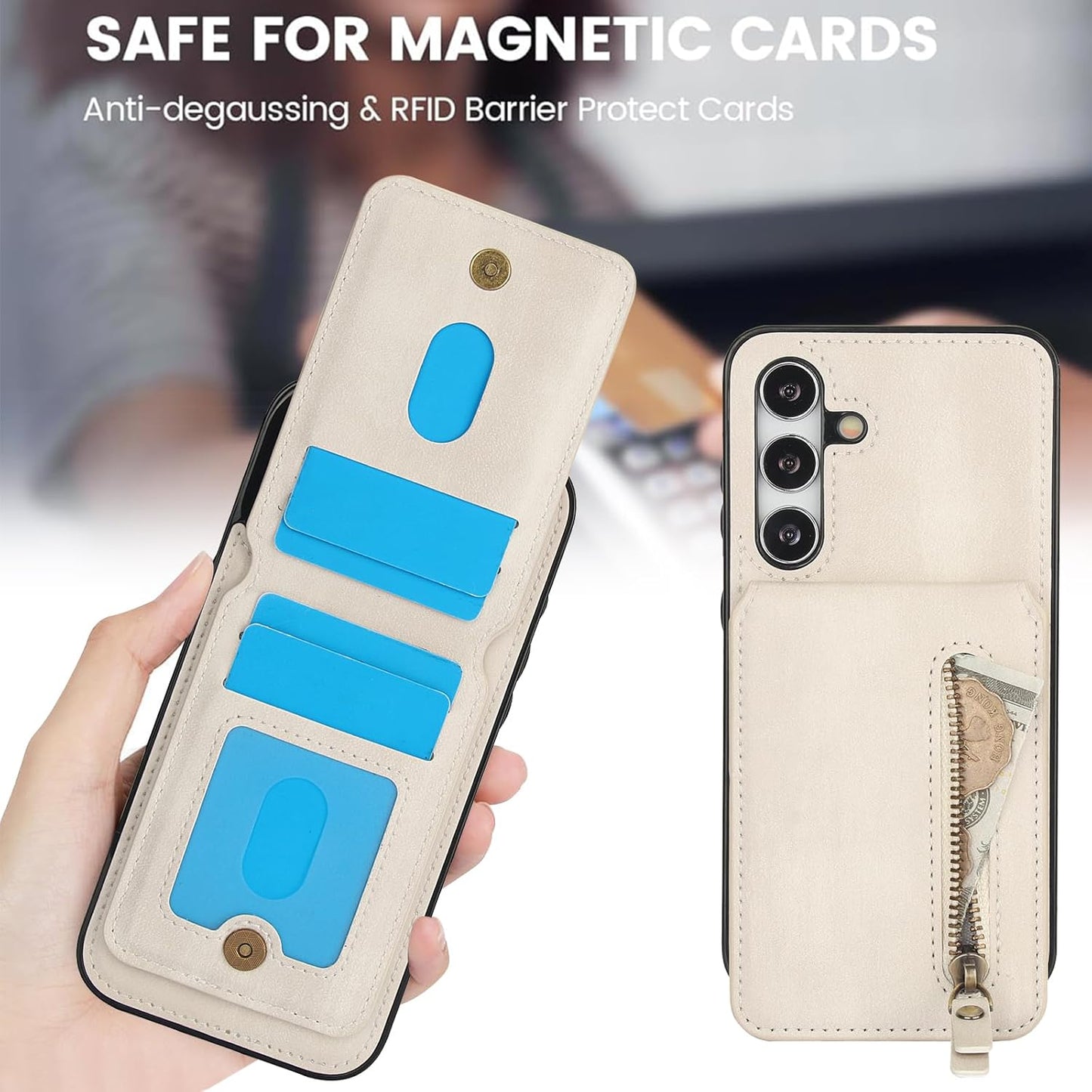 iTape Magnetic card holder phone case suitable for Samsung Galaxy S24+, zipper magnetic split magnetic wallet with adjustable bracket Blue