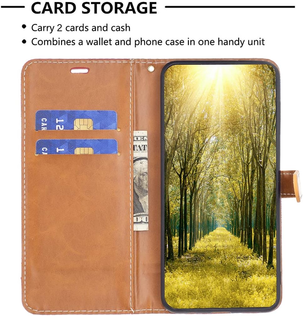 Colorblock Denim Wallet Phone Case for iPhone 16E, Wallet Phone Case Flip Stand, Credit Card Slot Wallet Wrist strap Green