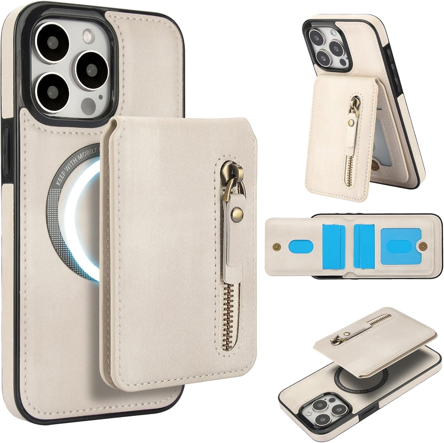 Magnetic card holder phone case suitable for iPhone 15 Pro, zipper magnetic split magnetic wallet with adjustable bracket Black