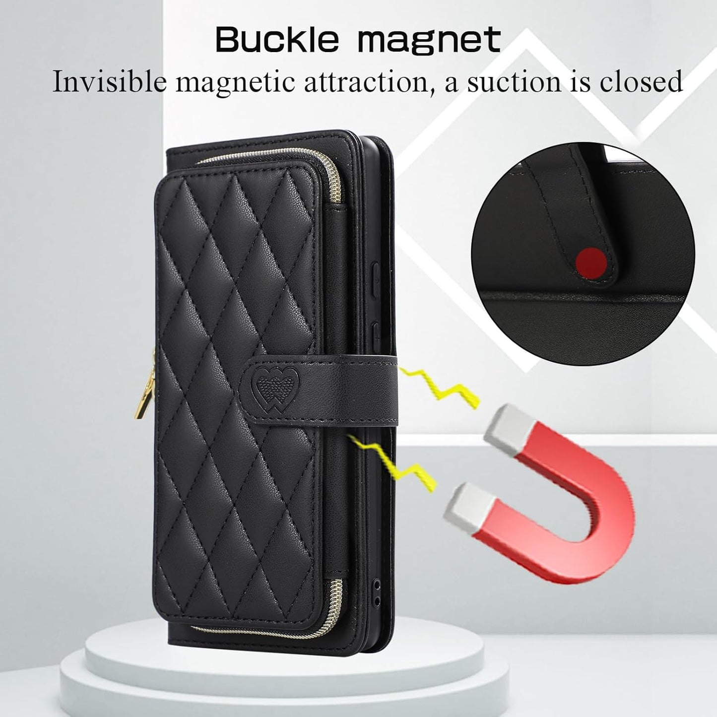 iTape Diamond Wallet Case for Google Pixel 8, Flip Leather Stand, Wrist Strap, Magnetic Closure, Shockproof Case Coin Purse Card Holder, Crossbody Strap Black