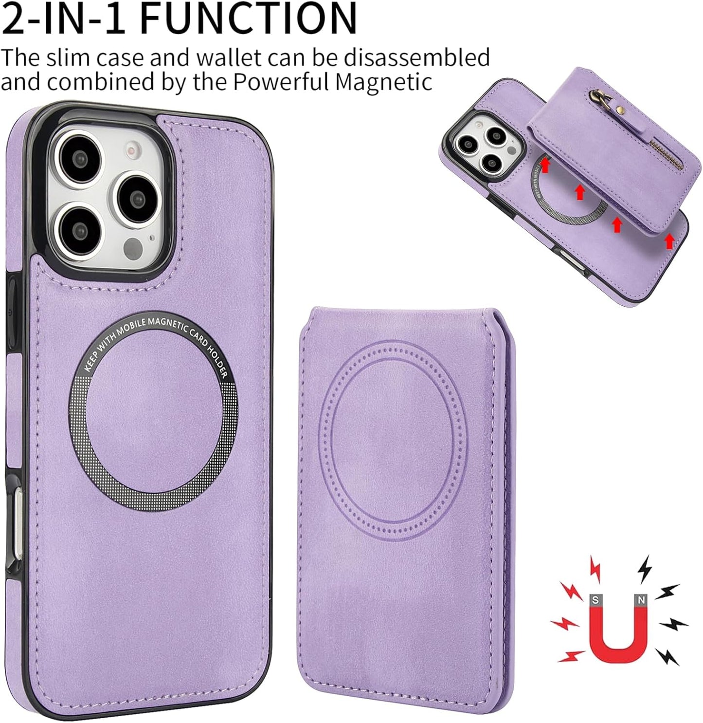 Magnetic card holder phone case suitable for iPhone 16 Pro, zipper magnetic split magnetic wallet with adjustable bracket Brown