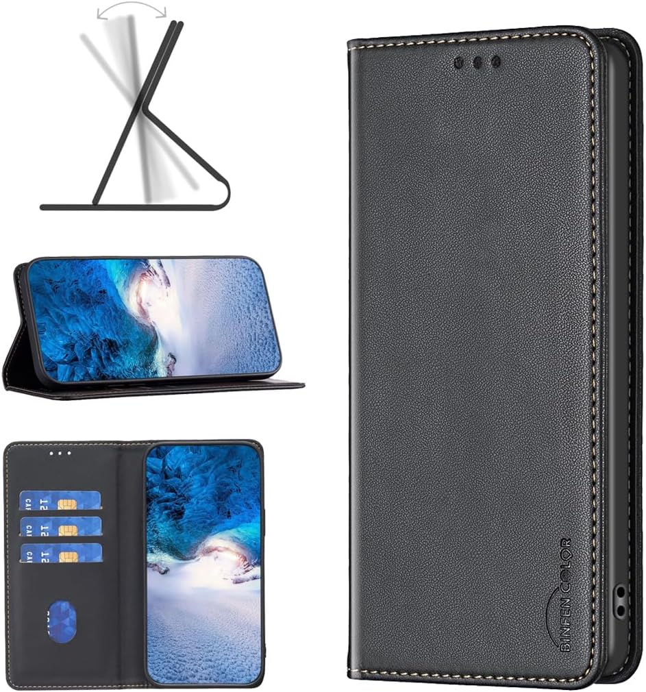 Leather Phone Case for iPhone 16E, Magnetic Leather Wallet Case, Flip Stand Shockproof Protection Gold