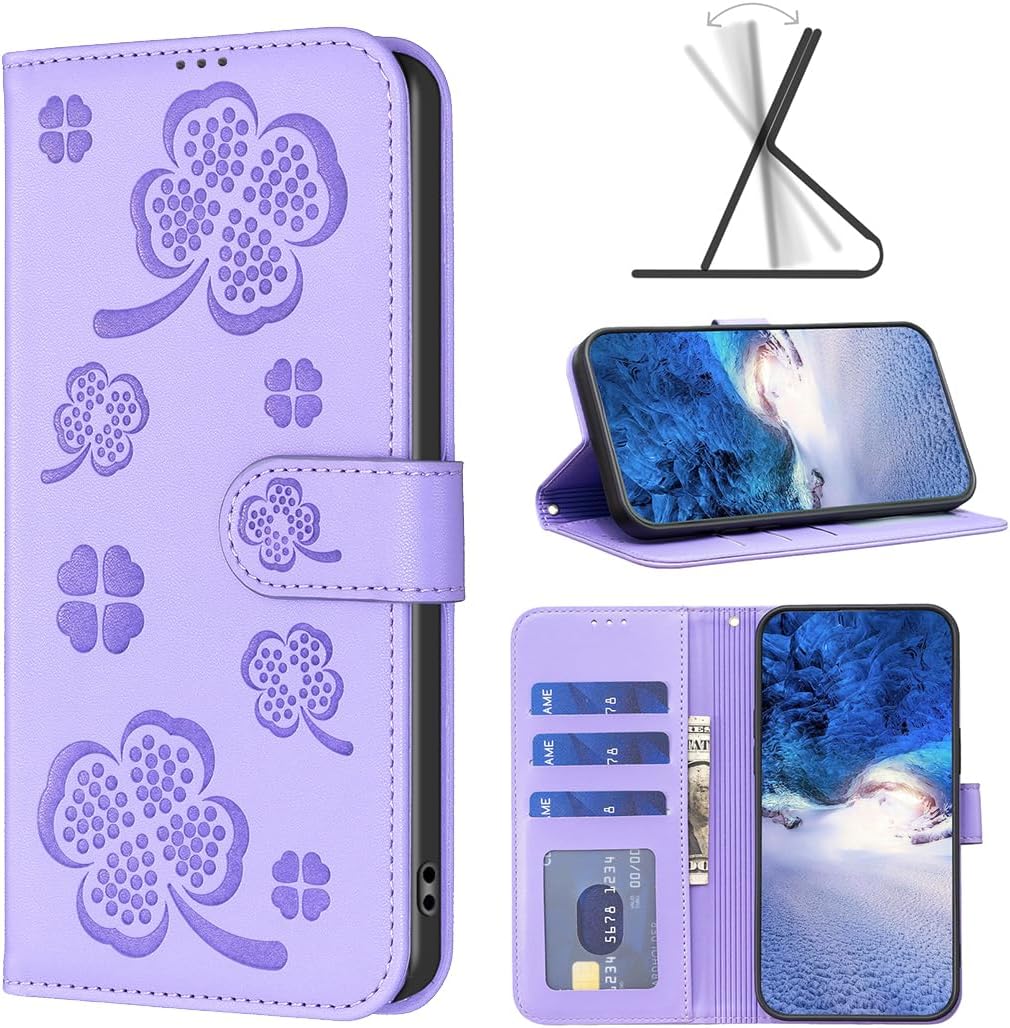 Wallet Leather Case for iPhone 16E, Embossed Four Leaf Clover Design, Magnetic Snap Wallet Case, Flip Shockproof Case Pink