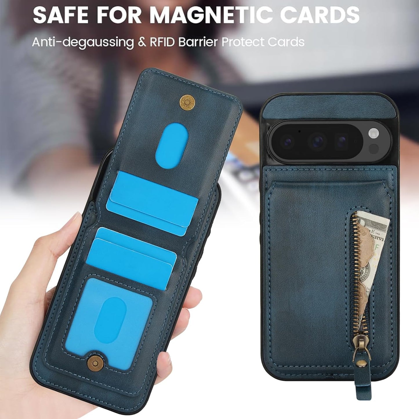iTape Magnetic card holder phone case suitable for Google Pixel 9 Pro, zipper magnetic split magnetic wallet with adjustable bracket