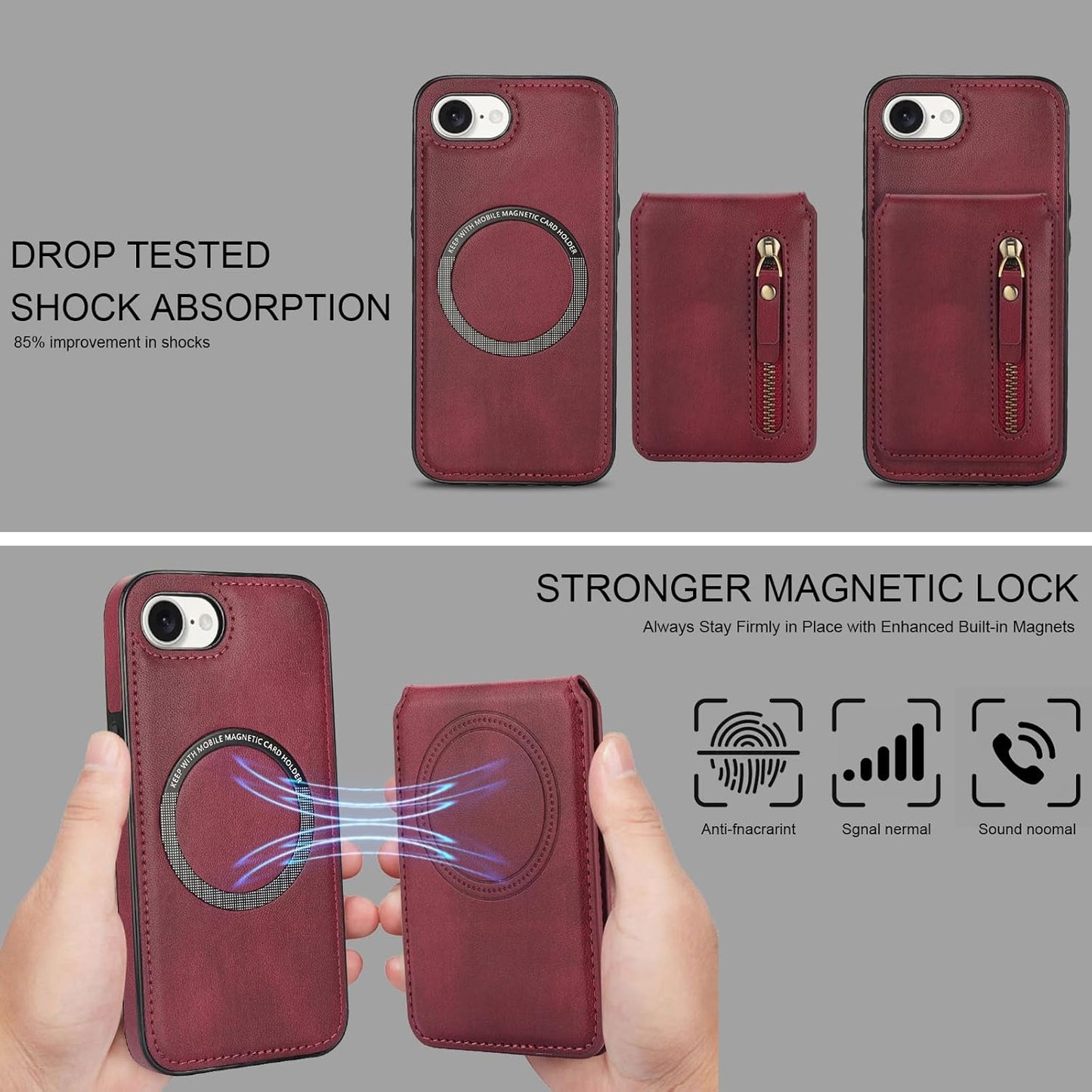 Magnetic card holder phone case suitable for iPhone 16E, zipper magnetic split magnetic wallet with adjustable bracket
