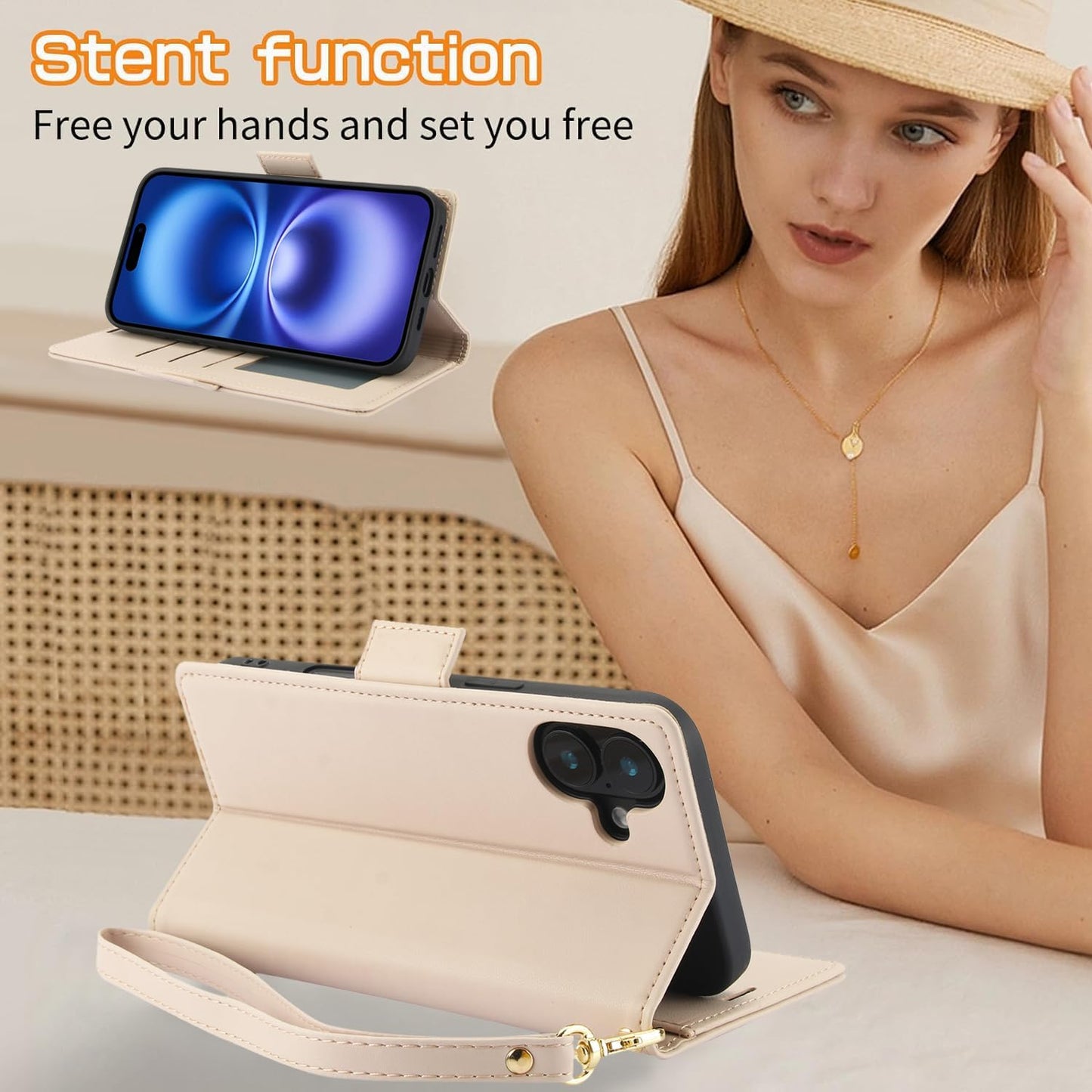 Printed Wallet Phone Case for iPhone 16 Plus, RFID (Anti-Theft), Wallet Flip Stand with Wrist Strap for iPhone 16 Plus Rose Gold