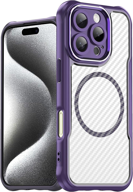 Magnetic carbon fibre case for iPhone 16 Pro, support wireless charging, carbon fibre shockproof slim case Purple