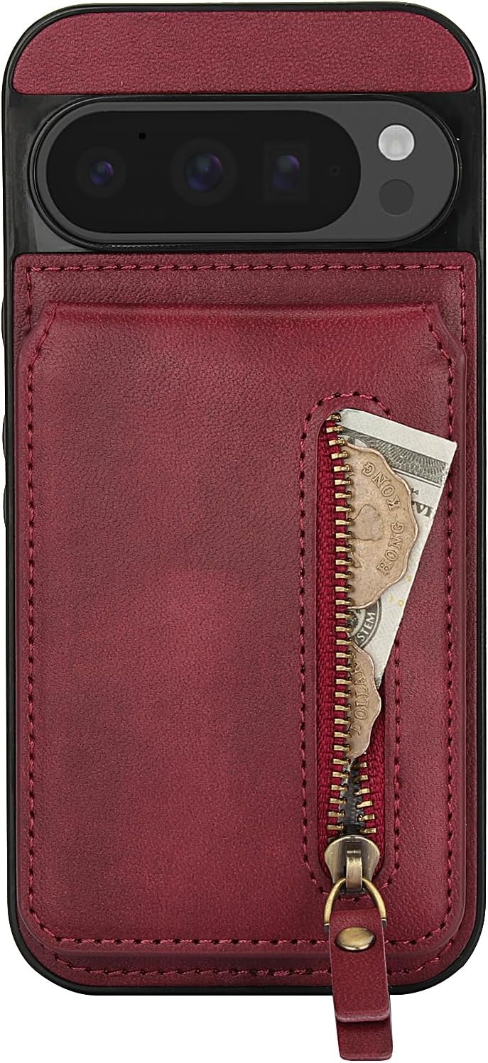 iTape Magnetic card holder phone case suitable for Google Pixel 9 Pro, zipper magnetic split magnetic wallet with adjustable bracket