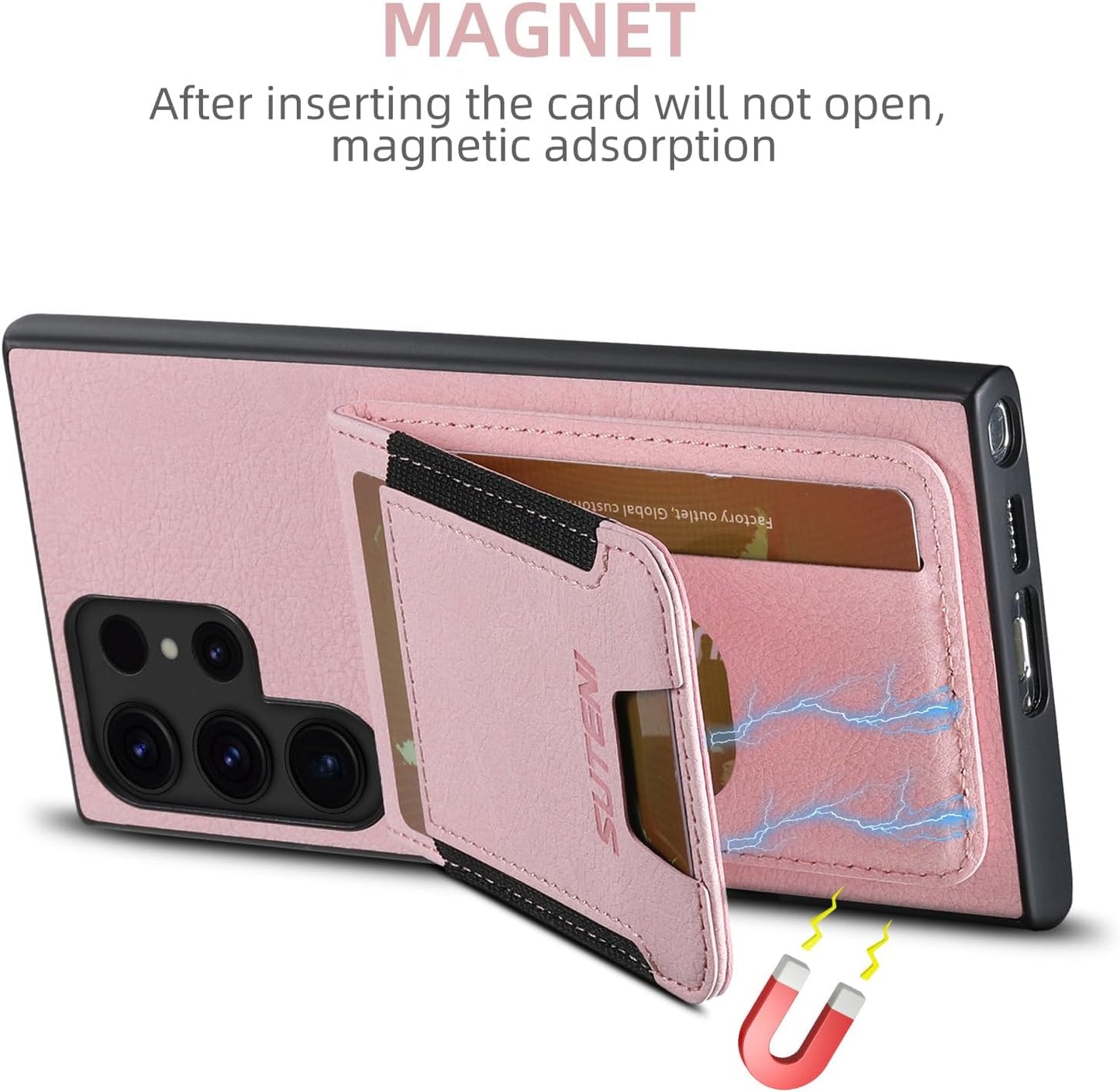 iTape Litchi Texture Phone Case for Samsung Galaxy S23 Ultra - Ultra-thin Simple Card Holder Phone Case with Stand Durable Buffer [Shockproof TPU Inner Shell] Blue