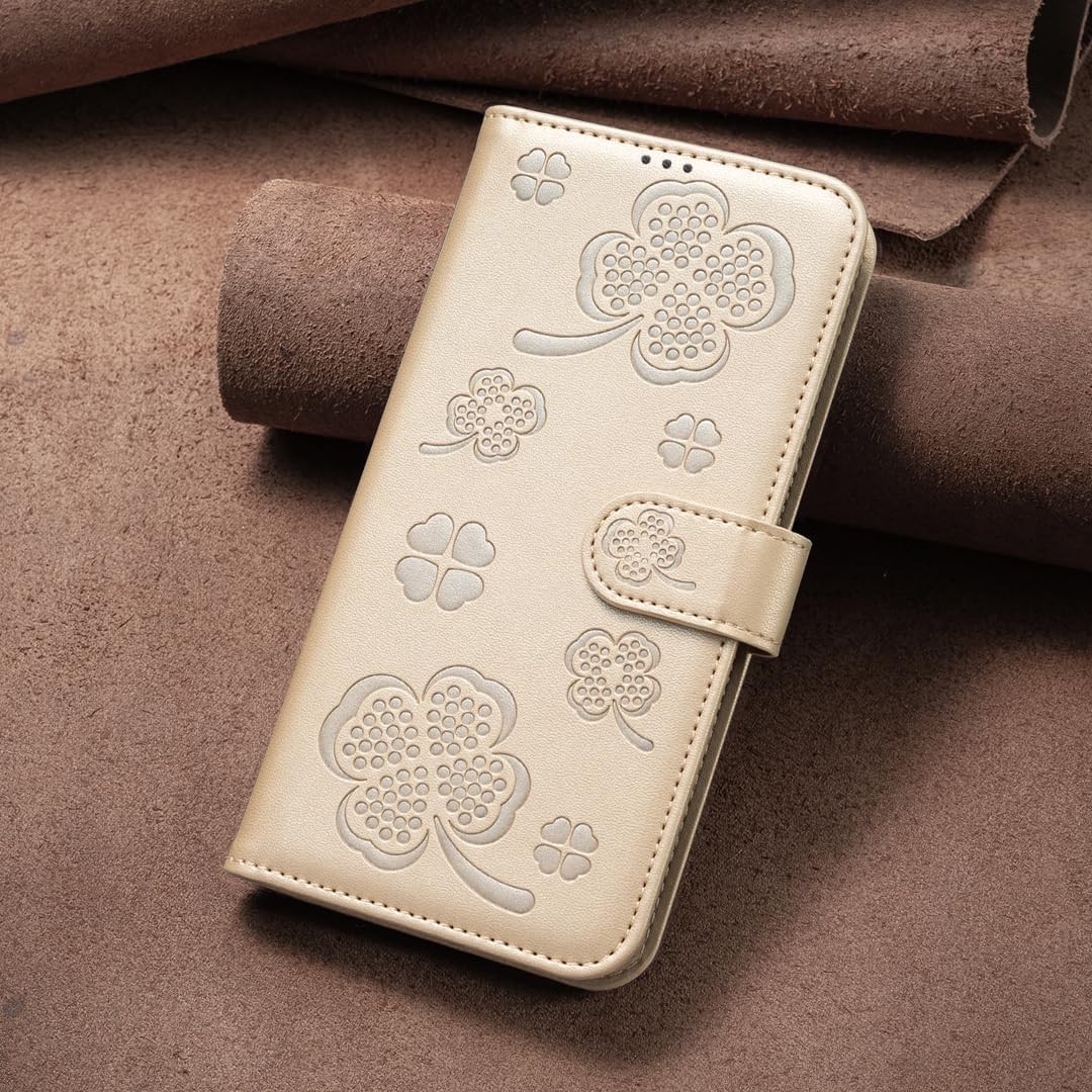 Wallet Leather Case for iPhone 16E, Embossed Four Leaf Clover Design, Magnetic Snap Wallet Case, Flip Shockproof Case Pink
