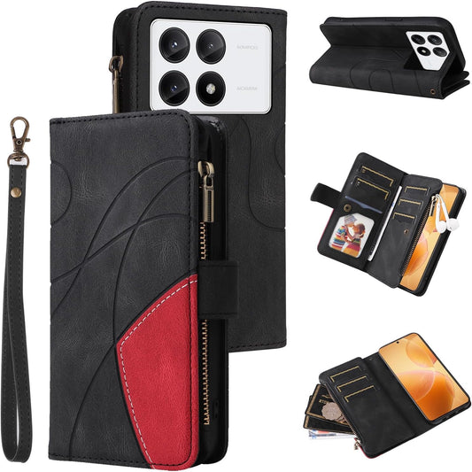 iTape 9 Card Slots Phone Case for Xiaomi POCO X6 PRO 5G, Zipper Wallet, Dual Color Stitching Color Flip Stand Card Slots Cash Clip Shockproof, Wrist Strap Black