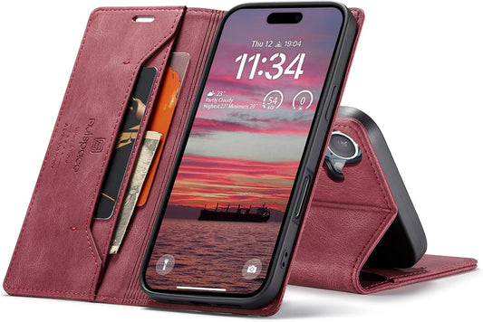 Retro frosted soft leather mobile phone case for iPhone 16, RFID (anti-theft swipe), wallet card slot flip cover stand, Red