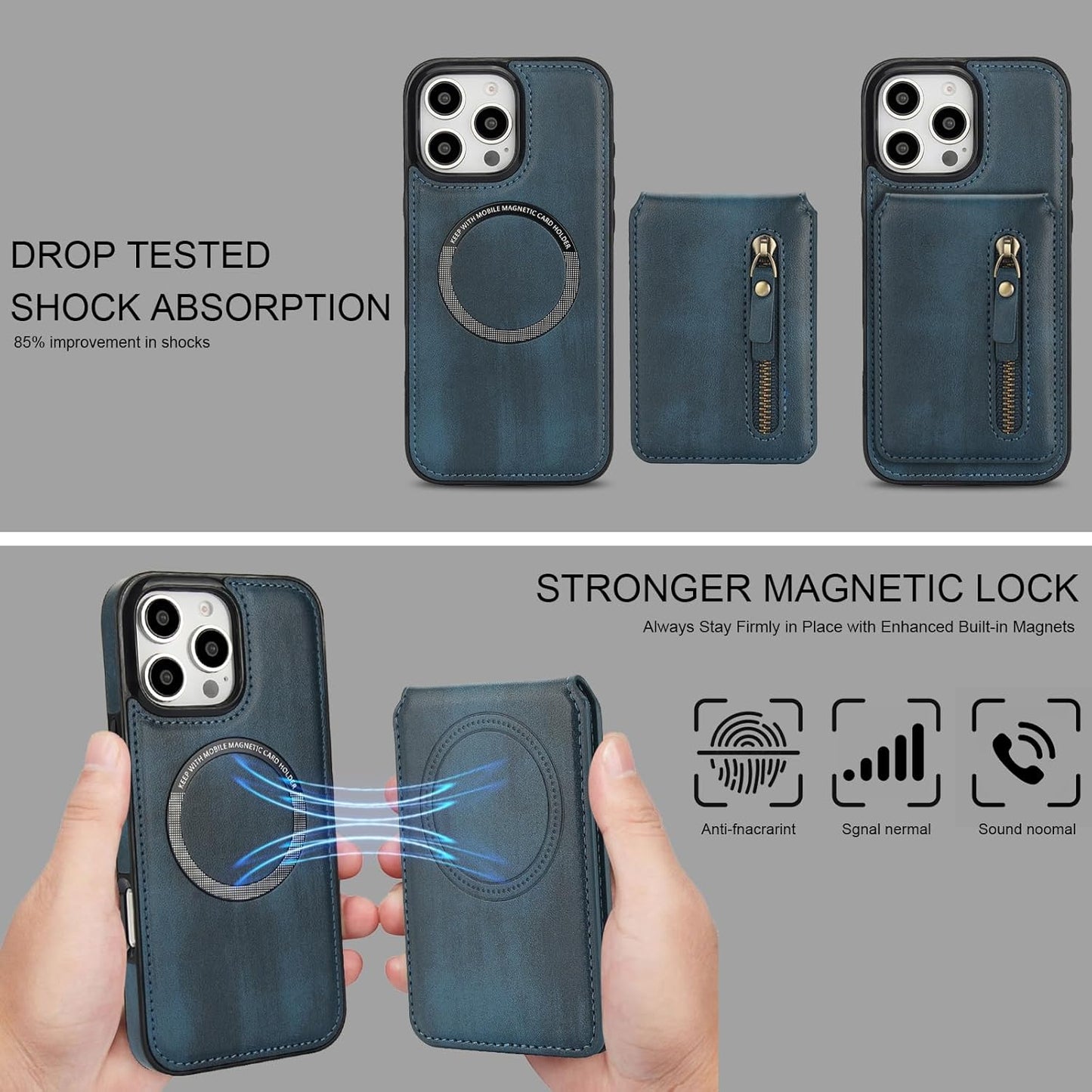 Magnetic card holder phone case suitable for iPhone 16 Pro, zipper magnetic split magnetic wallet with adjustable bracket Brown