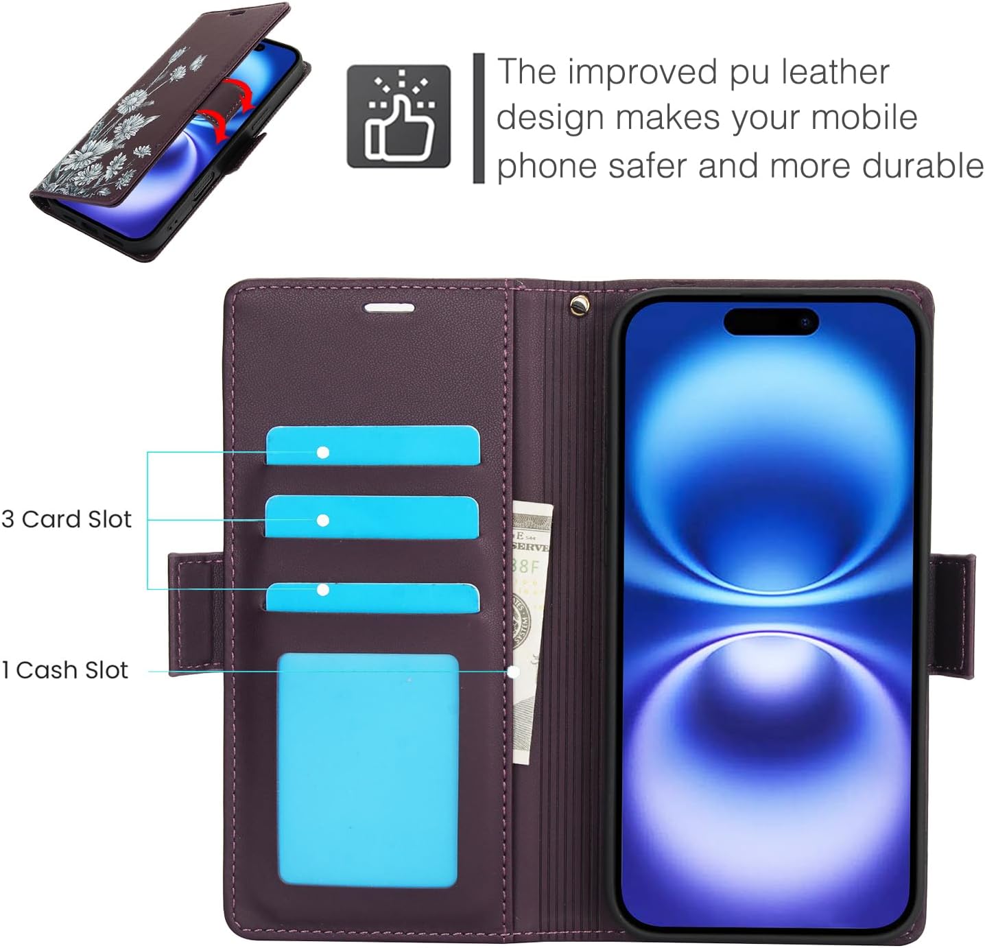 Printed Wallet Phone Case for iPhone 16 Plus, RFID (Anti-Theft), Wallet Flip Stand with Wrist Strap for iPhone 16 Plus Rose Gold
