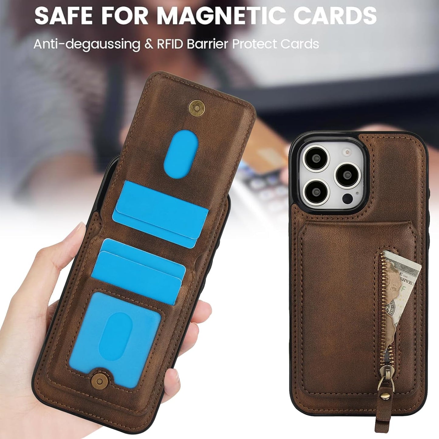 Magnetic card holder phone case suitable for iPhone 16 Pro, zipper magnetic split magnetic wallet with adjustable bracket Brown