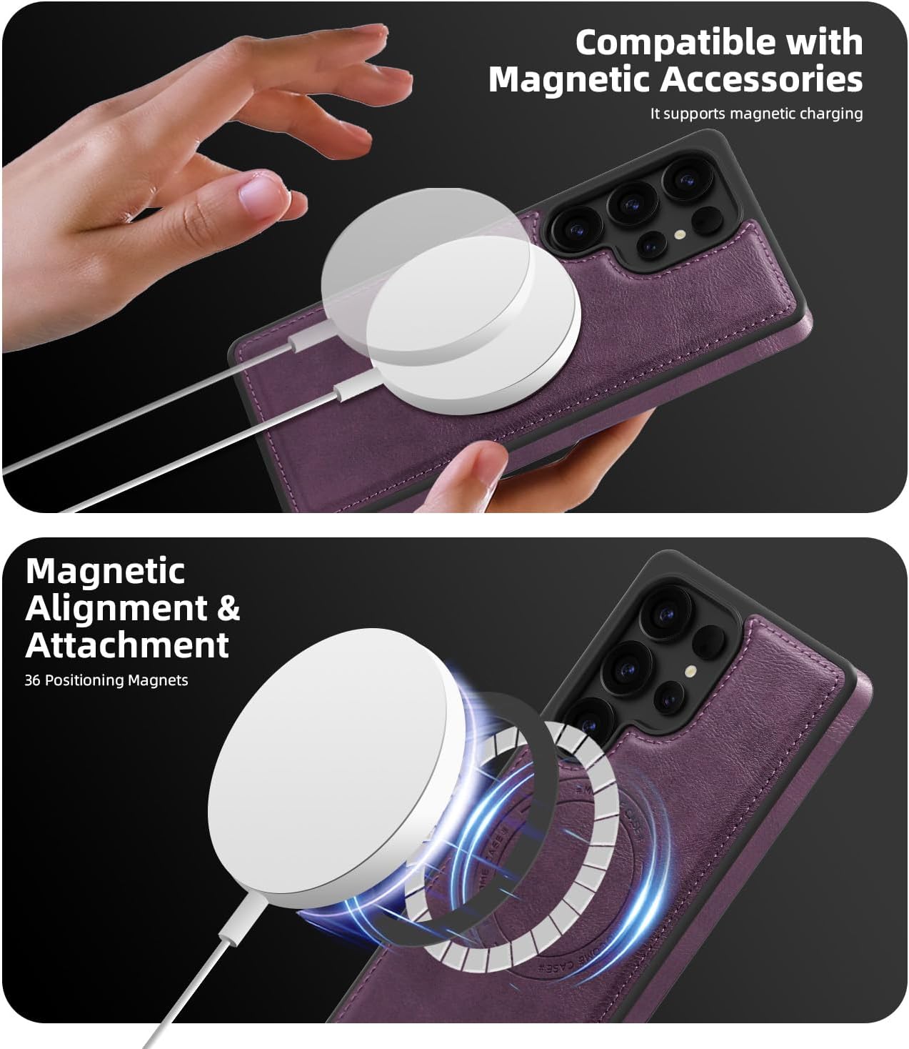2 in 1 card holder phone case for Samsung Galaxy S25 Ultra, magnetic leather phone case magnetic car mount wireless charging, card holder holder Purple