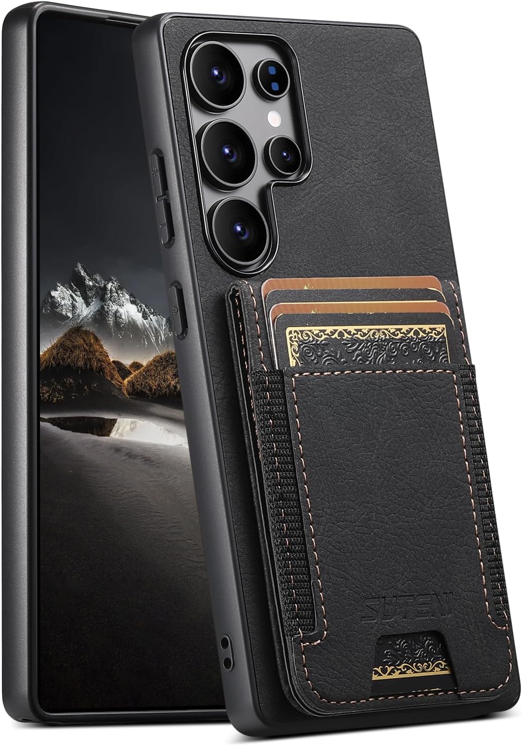 iTape Litchi Texture Phone Case for Samsung Galaxy S25 Ultra - Ultra-thin Simple Card Holder Phone Case with Stand Durable Buffer [Shockproof TPU Inner Shell] Black
