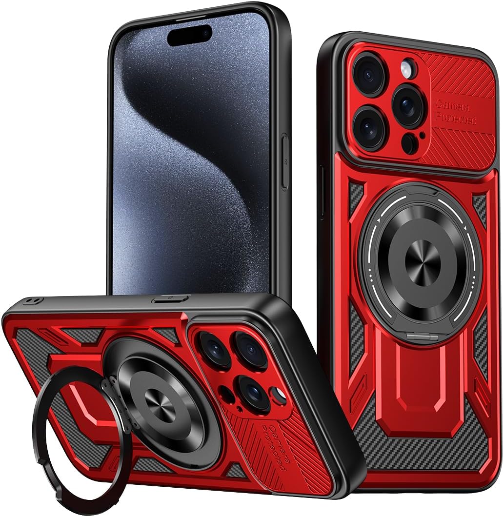 Hard Plated PC Armor Cover for iPhone 15 Pro max with 360° Rotating Metal Ring Strong Magnetic Car Mount Phone Case Support wireless charging Gray
