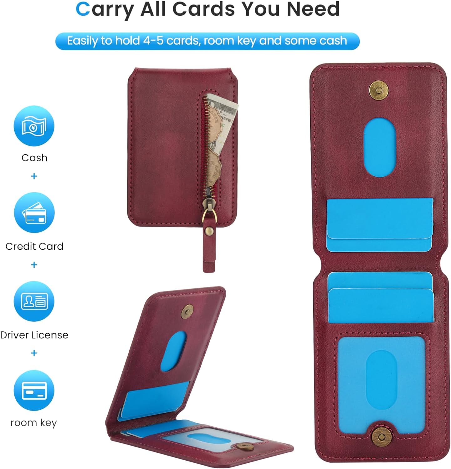 iTape Magnetic card holder phone case suitable for Samsung Galaxy S25+, zipper magnetic split magnetic wallet with adjustable bracket Pink