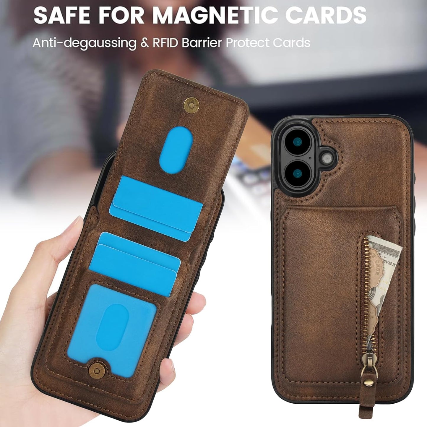 Magnetic card holder phone case suitable for iPhone 16, zipper magnetic split magnetic wallet with adjustable bracket Red
