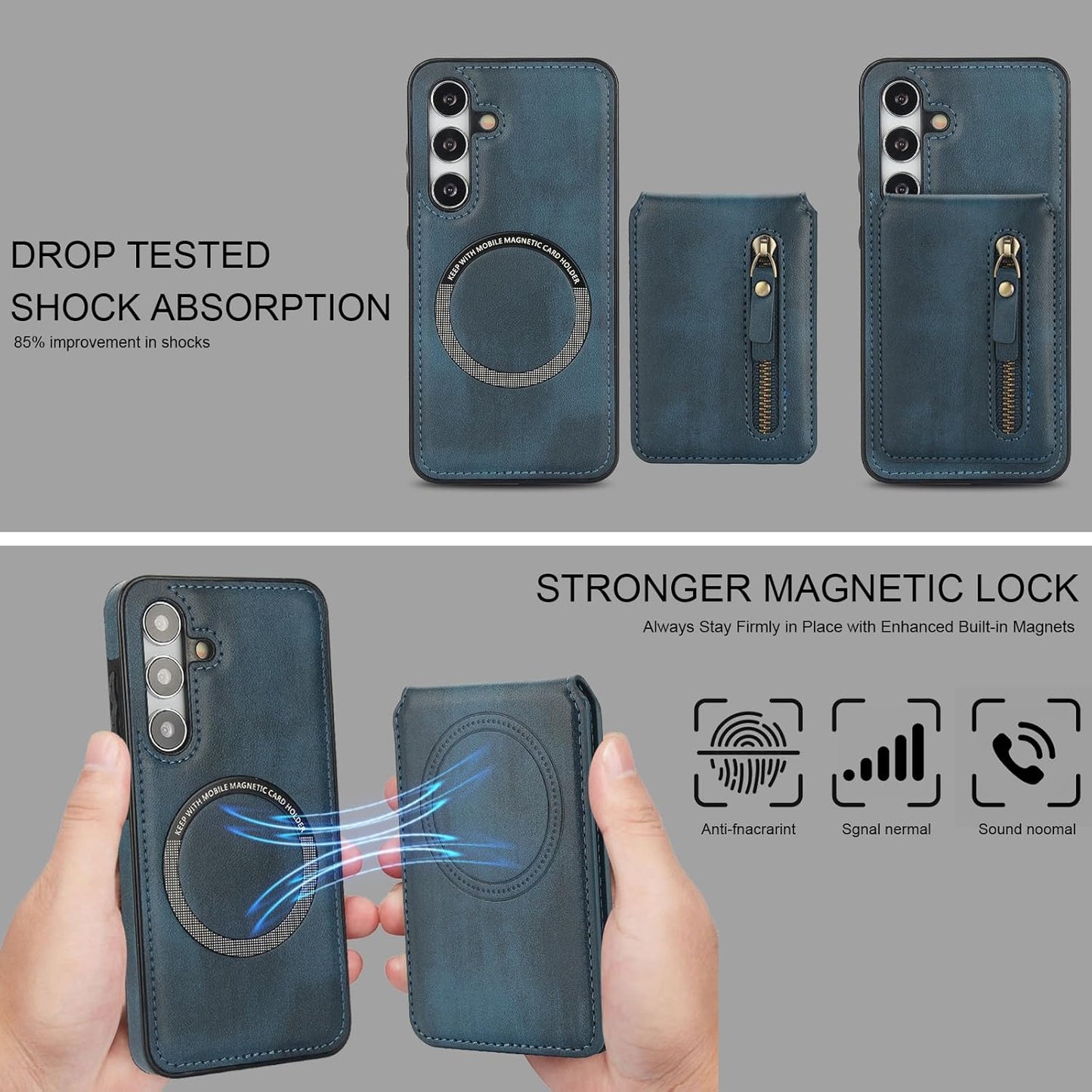 iTape Magnetic card holder phone case suitable for Samsung Galaxy S24+, zipper magnetic split magnetic wallet with adjustable bracket Blue