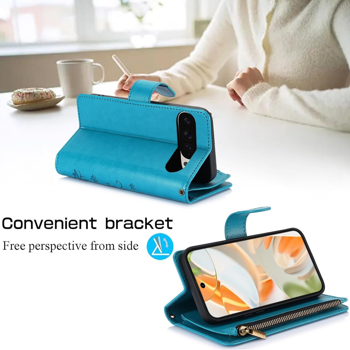 iTape Orchid Butterfly Phone Case for Google Pixel 9 with Multiple Card Slots Wallet, Magnetic Closure Bracket, Shockproof Protective Phone Case Wristband