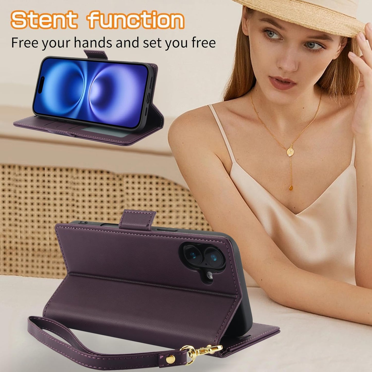 Printed Wallet Phone Case for iPhone 16 Plus, RFID (Anti-Theft), Wallet Flip Stand with Wrist Strap for iPhone 16 Plus Rose Gold