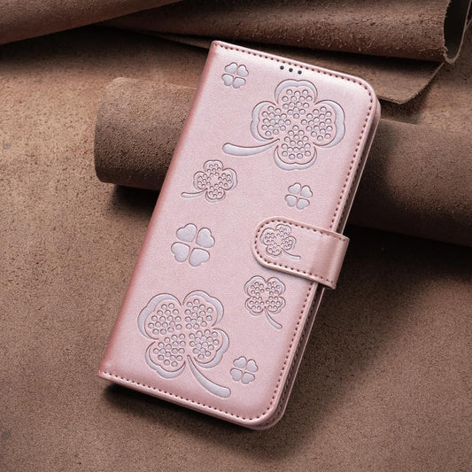 Wallet Leather Case for iPhone 16E, Embossed Four Leaf Clover Design, Magnetic Snap Wallet Case, Flip Shockproof Case Pink