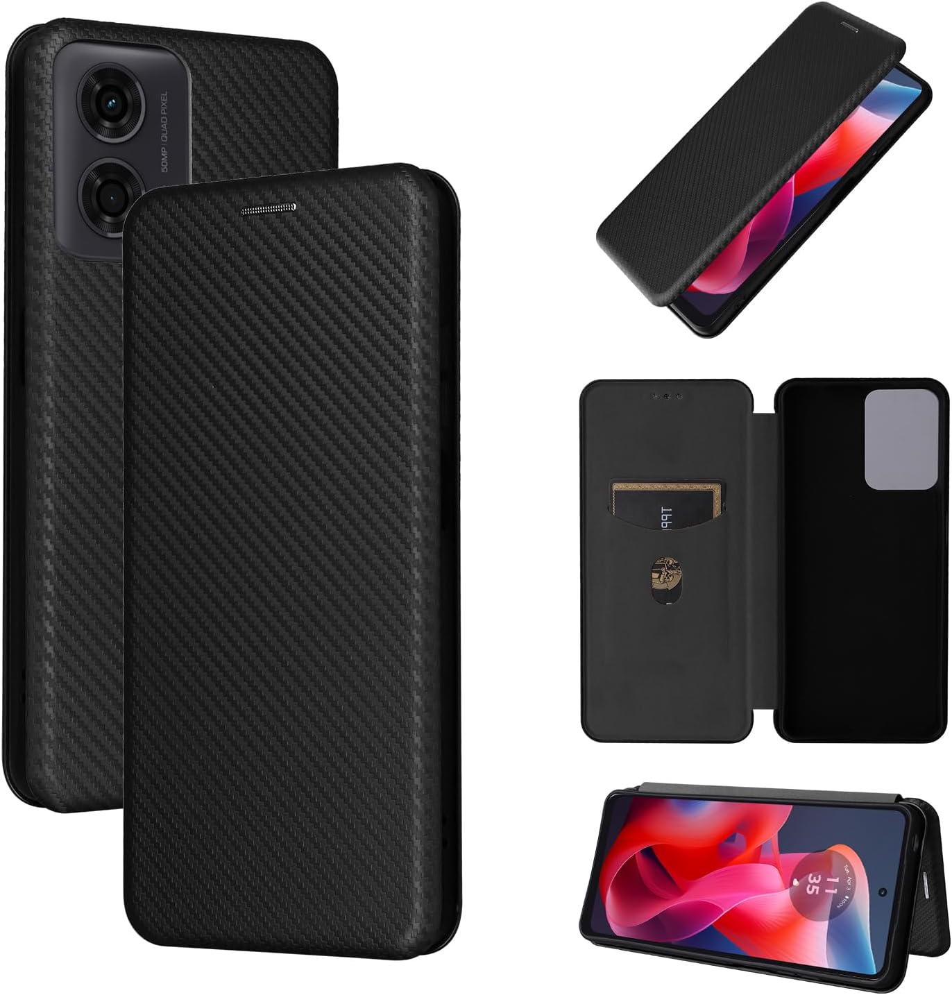 iTape Carbon fiber phone case for Motorola Moto G 04. Magnetic flip phone case, credit card slot, wallet case, shockproof and drop-proof Green