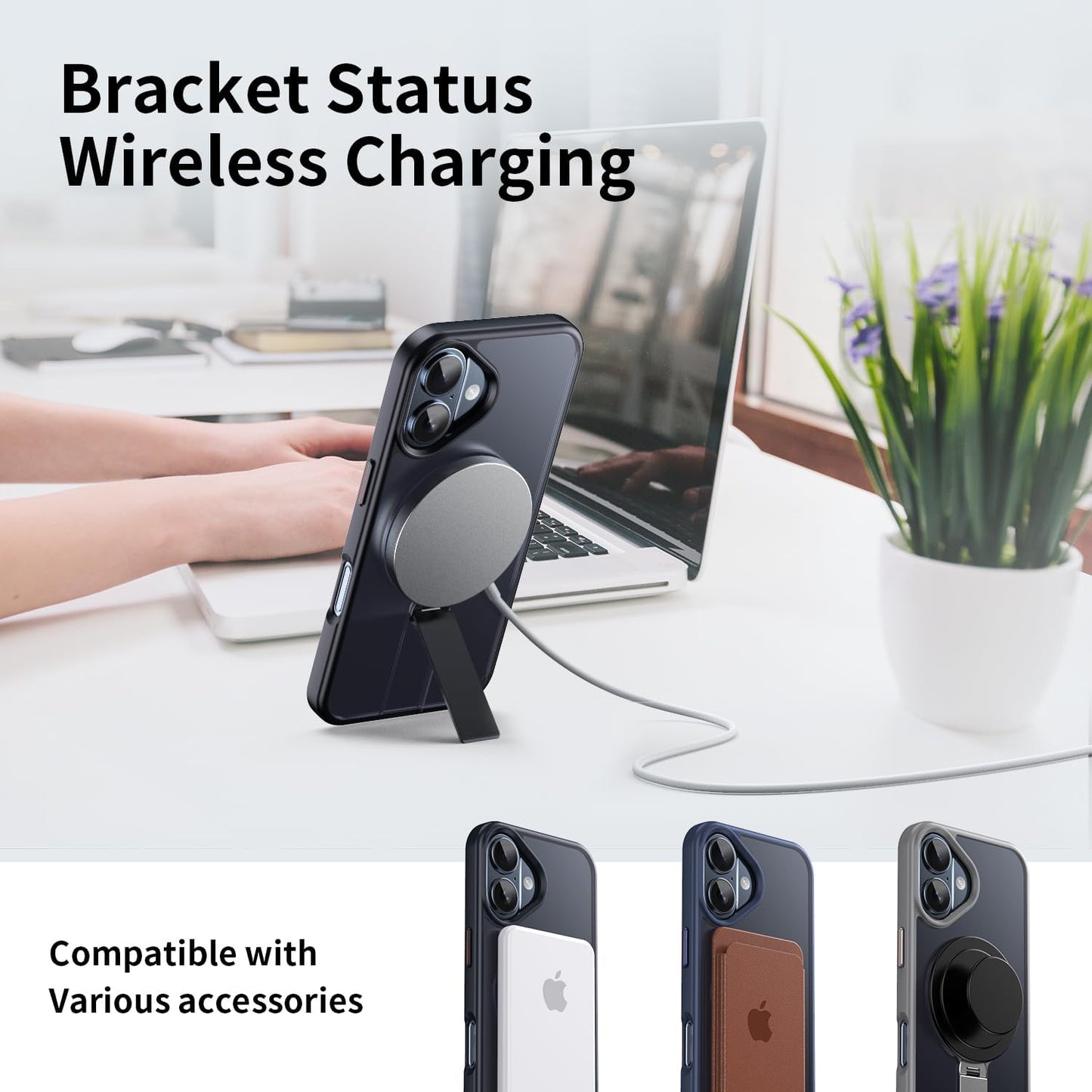 Magnetic phone case for iPhone 16, supports wireless charging, 360° rotating invisible bracket, military-grade anti-drop protection Blue