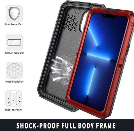 Case for iPhone 13 Pro max, 360° Waterproof IP68 Shockproof Hard Shell Metal Military Heavy Duty Rugged Protective Case for iPhone 13 Pro max Magnetic Wireless Charging Red