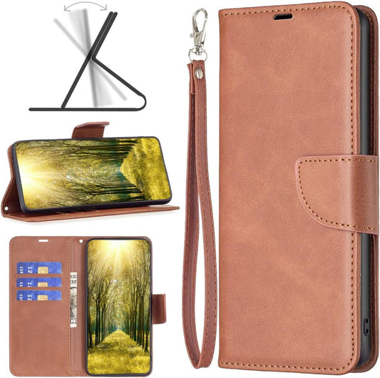 iTape Solid lambskin leather phone case for Samsung Galaxy S25 Edge, snap wallet style case, flip stand shock protection Brown