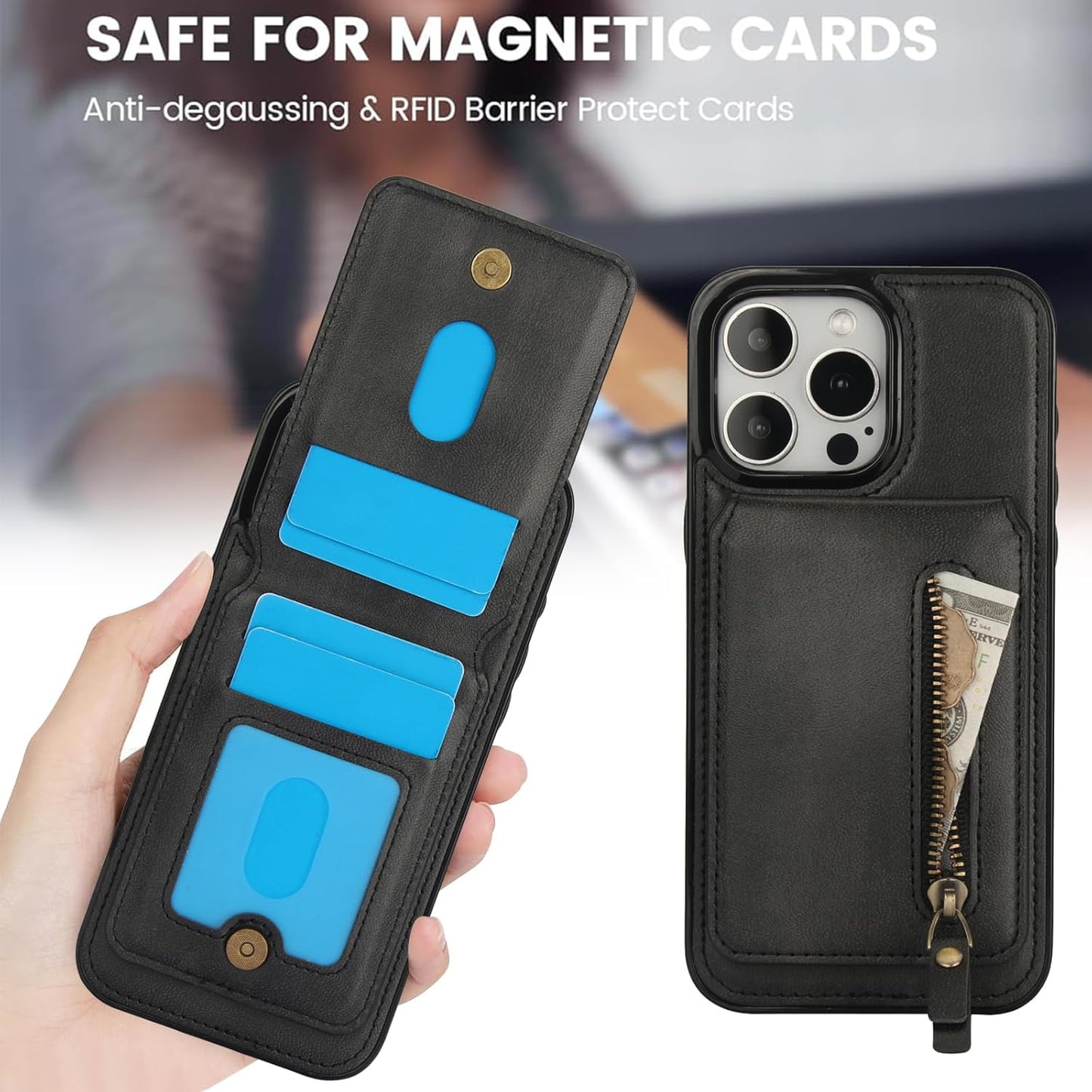 Magnetic card holder phone case suitable for iPhone 15 Pro max, zipper magnetic split magnetic wallet with adjustable bracket Brown