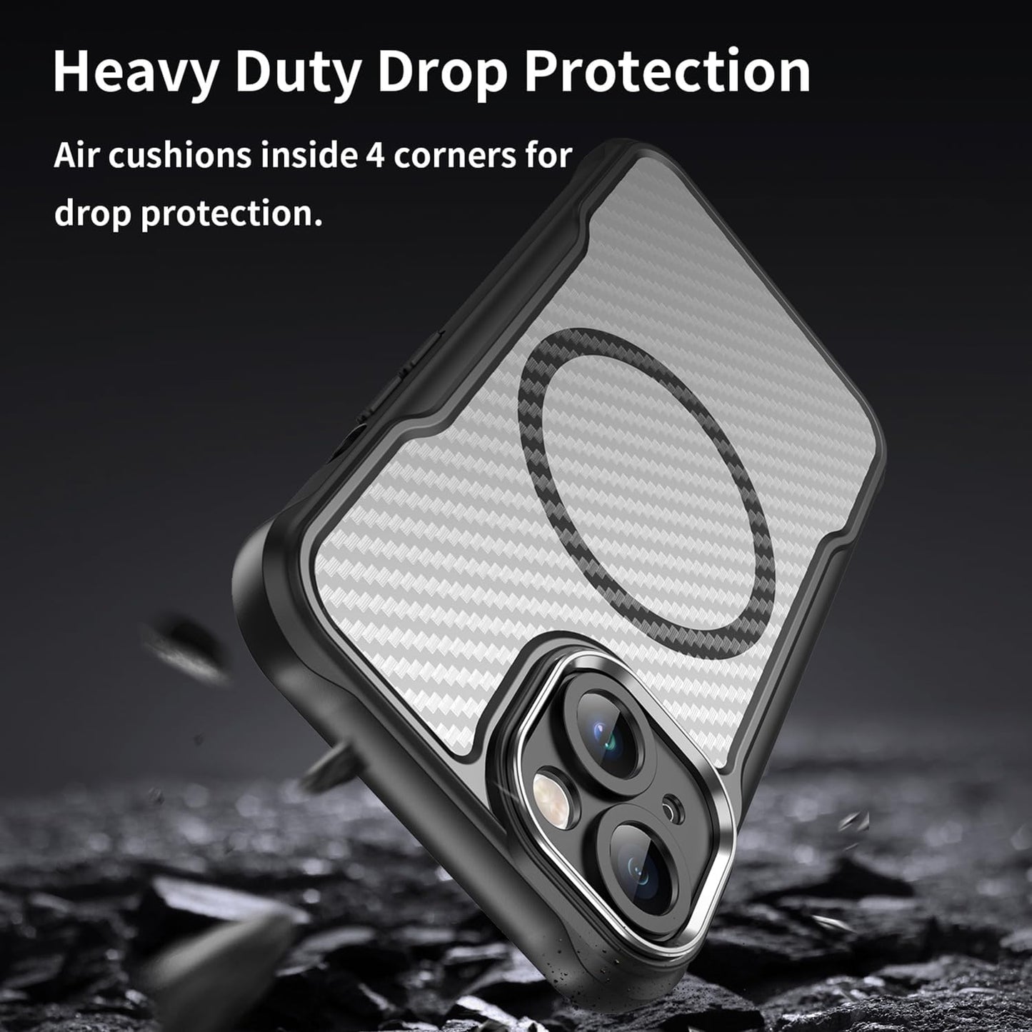 Magnetic carbon fibre case for iPhone 14, support wireless charging, carbon fibre shockproof slim case Black